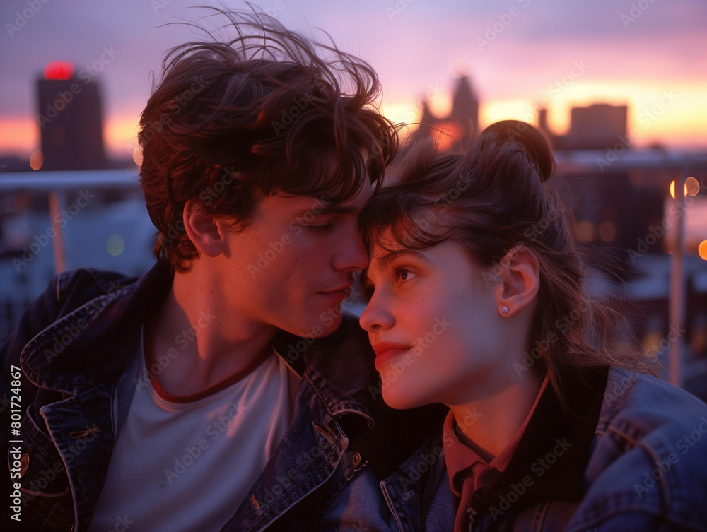 A man and a woman standing next to each other in a close-up film photograph from the 1990s, sunset A man and a woman standing next to each other in a close-up film photograph from the 1990s, sunset