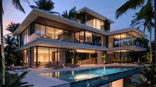 A luxurious modern villa mansion in Miami, with a garden and a swimming pool, is surrounded by palm trees, offering a tropical vacation vibe and large windows for a grand view. © horizor