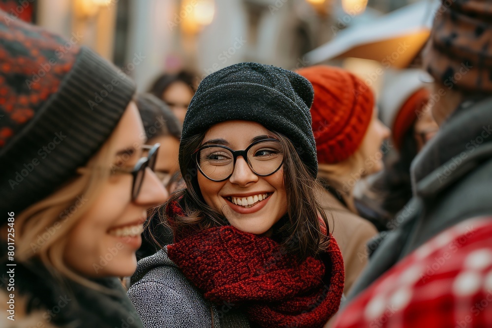 Group of happy young women in hats and scarves on the street Group of happy young women in hats and scarves on the street
