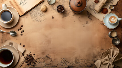 Vintage coffee-themed wallpaper with a top-down view of cups, natural and ground coffee beans, and old papers in the background with handwritten letters and maps with blank space in the center.