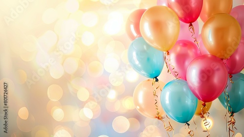 Colorful balloons on a glittery background - This vibrant image captures a bunch of glossy, colorful balloons set against a bokeh-effect, glittery background Perfect for celebration-themed designs