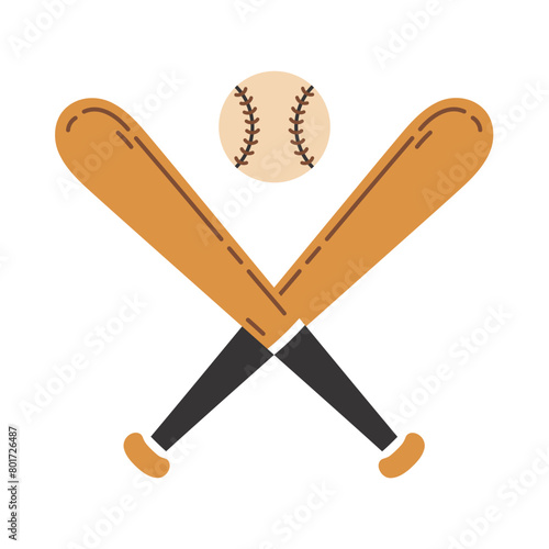 Crossed wooden baseball bats and ball, vector icon. Professional sports equipment for softball, training, competitions. Game match tools. Hand drawn doodle, cartoon clipart. For print, label, logo