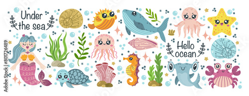 Wild sea life vector set. Ocean animals - cute turtle, little mermaid, baby shark, funny jellyfish, seahorse, starfish. Underwater creatures among seaweed, shells, corals. Hand drawn cartoon clipart