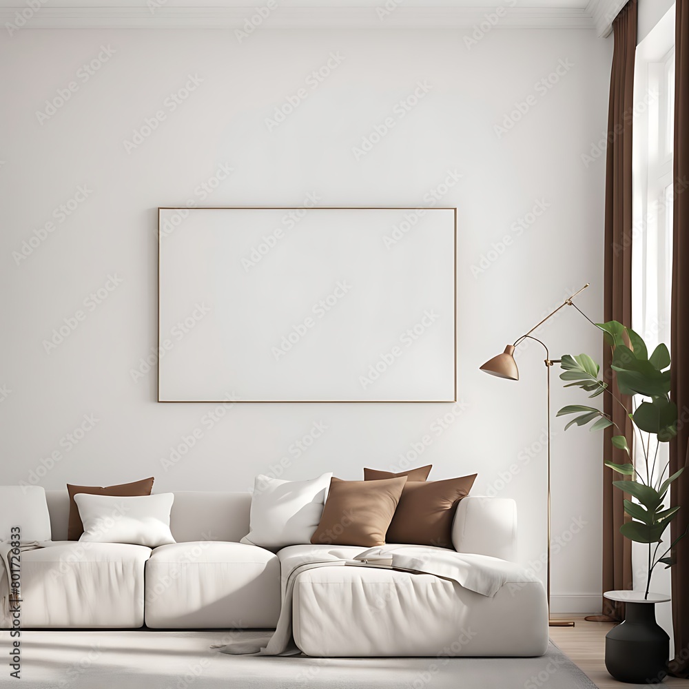 Living room with white empty walls - light mockup for canvas art. Accent brown pillow and curtain details. Scandinavian modern minimal interior design lounge Livingroom home or office. 3d rendering Living room with white empty walls - light mockup for canvas art. Accent brown pillow and curtain details. Scandinavian modern minimal interior design lounge Livingroom home or office. 3d rendering