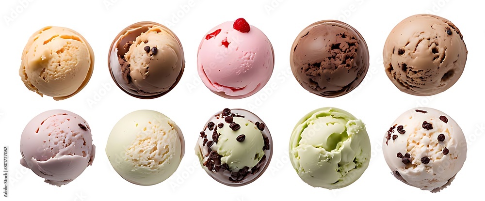Set of Ice cream scoop ball cutout, top view. Many assorted different flavour Mockup template for artwork design. Set of Ice cream scoop ball cutout, top view. Many assorted different flavour Mockup template for artwork design.