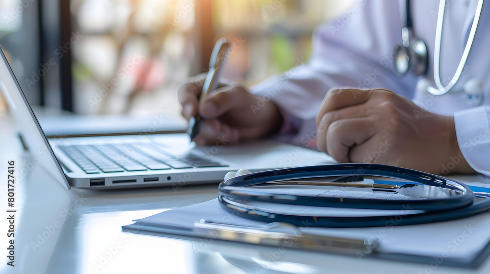Doctor giving a consultation to a patient and writing medical informations and diagnosis on the desk Doctor giving a consultation to a patient and writing medical informations and diagnosis on the desk