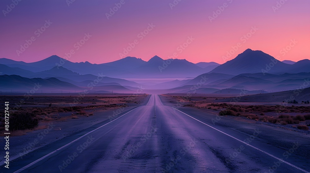 A car trip adventure into the wild desert highway of Arizona and California, with a road stretching into the distance, mountains silhouetted against a purple sunset sky.