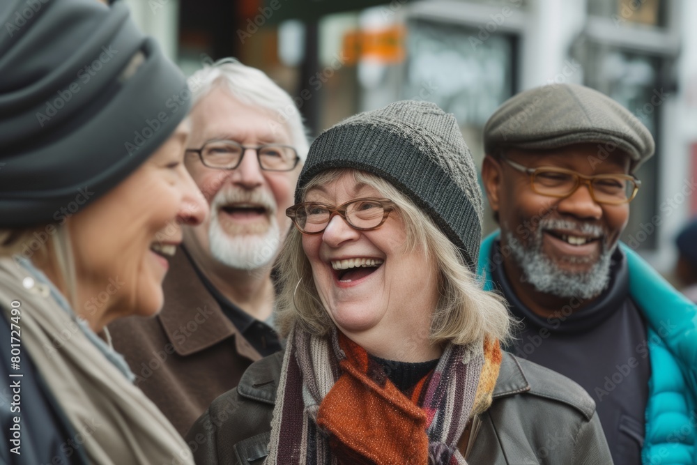 Group of multiethnic friends laughing and looking at camera in city Group of multiethnic friends laughing and looking at camera in city