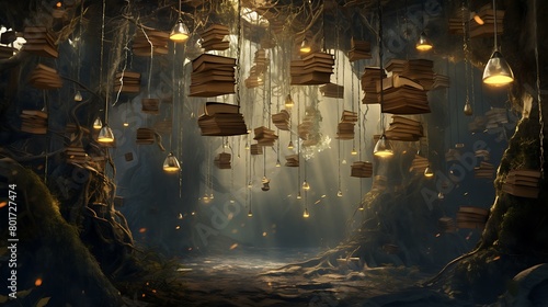 Books suspended from the branches of a mystical tree, their pages rustling in the breeze of a hidden grove photo