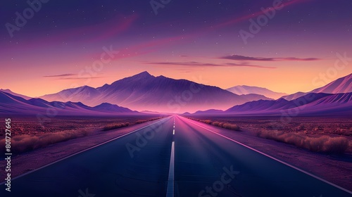 A car trip adventure into the wild desert highway of Arizona and California, with a road stretching into the distance, mountains silhouetted against a purple sunset sky.