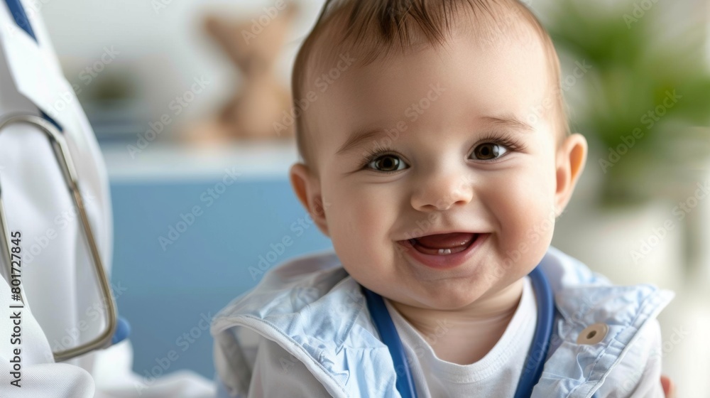 Adorable baby smiling while pretending to be a doctor with a stethoscope, symbolizing early learning. Adorable baby smiling while pretending to be a doctor with a stethoscope, symbolizing early learning.