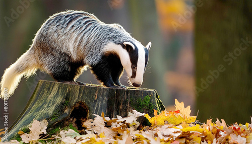 Badger foraging for food in autumn leaves in a forest.  photo
