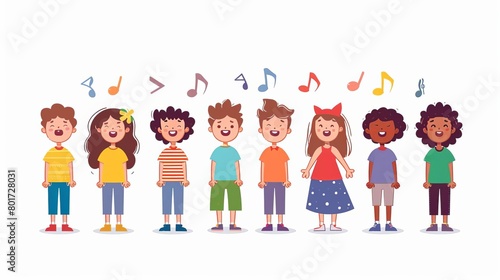 Cute children singing song together Little kids singers in choir Diverse vocal talented girls and boys group chorus from music school Flat vector illustrations isolated on white background
