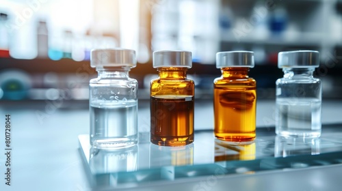 Transparent glass vials containing different colored solutions in a scientific research laboratory environment.