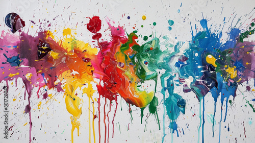Abstract art painting of colorful splash. Oil on white canvas as background.  