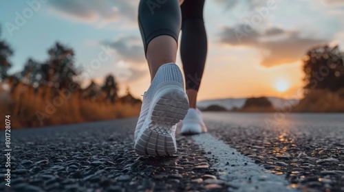 Close-up of white running shoes in action on an asphalt road during a vibrant sunset.