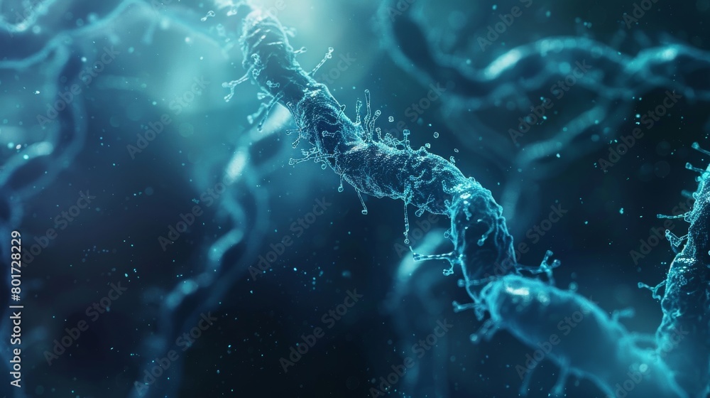 A digital representation of a DNA strand with blue biotechnological enhancements.