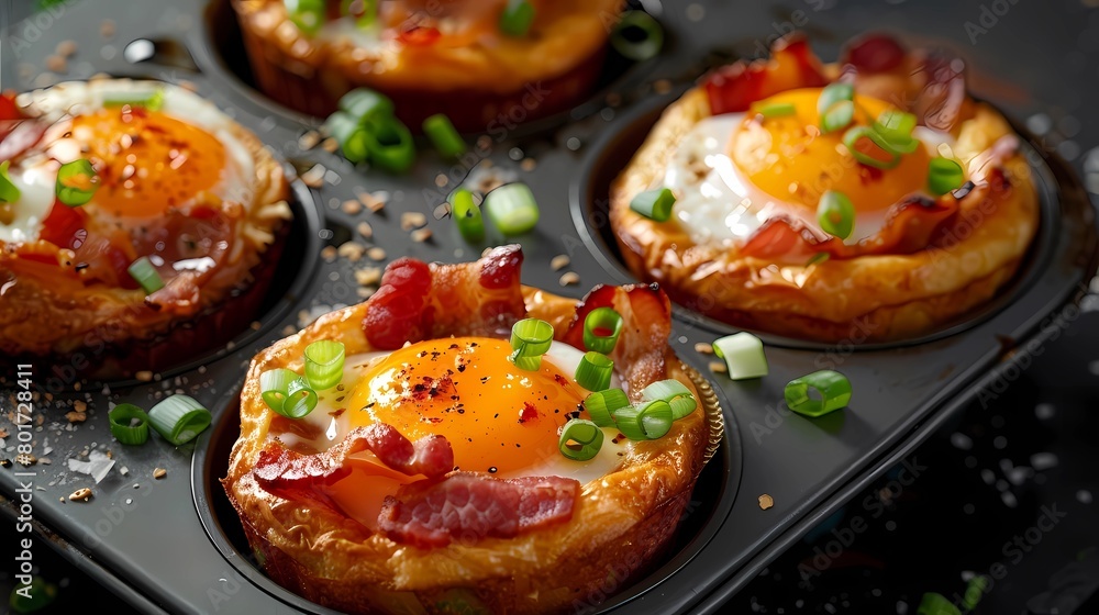 Fried eggs with bacon and vegetables in tartlets on black background, Generative AI illustrations.