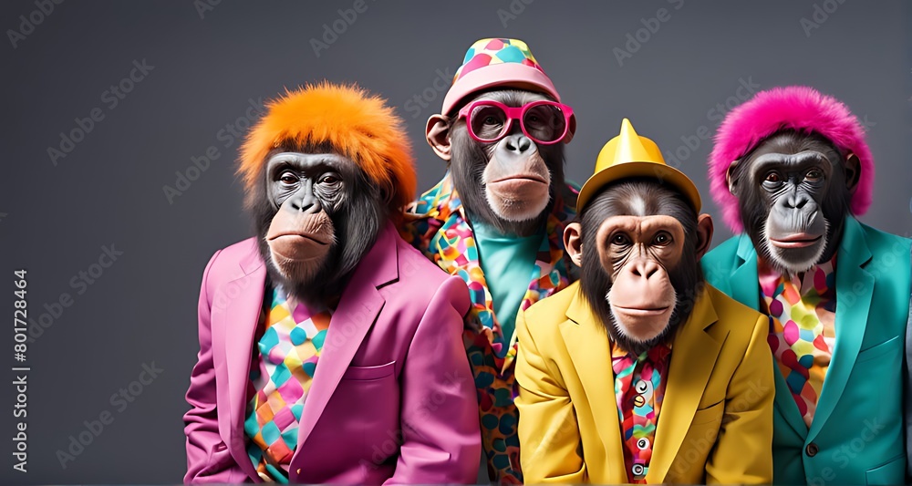  Creative animal concept. Group of ape in funky Wacky wild mismatch colourful outfits isolated on bright background advertisement, copy space. birthday party invite invitation banner 