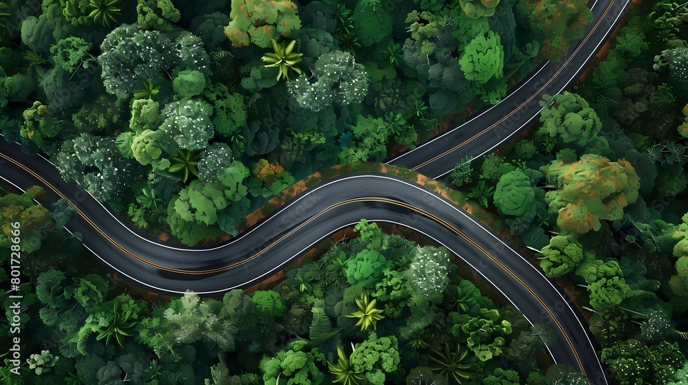 3d illustration of a road in the forest with trees and bushes, Generative AI illustrations