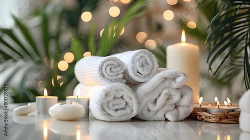 A serene beauty spa concept with white towels  fresh flowers  and candles arranged decoratively  offering relaxation for all your skin care essentials on a clean counter.