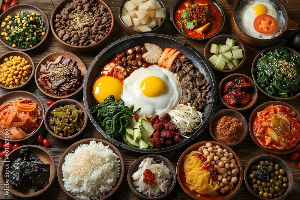다양한 그릇에 한식들이 풍성하게 차려진 식탁. 다양한 그릇에 한식들이 풍성하게 차려진 식탁.