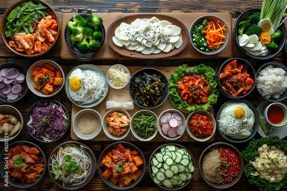 다양한 그릇에 한식들이 풍성하게 차려진 식탁. 다양한 그릇에 한식들이 풍성하게 차려진 식탁.