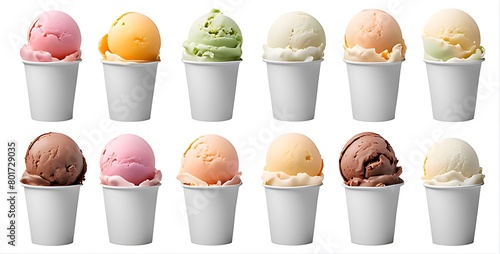 Set of Ice cream scoop on white blank empty paper cup bowl cutout. Many assorted different flavour Mockup template for artwork design 