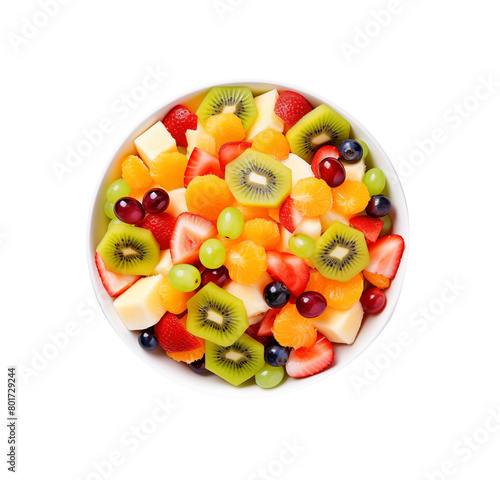 Assorted fresh fruit salad with kiwi, strawberries, oranges, blueberries and red currants in a white bowl, top view. Generative AI