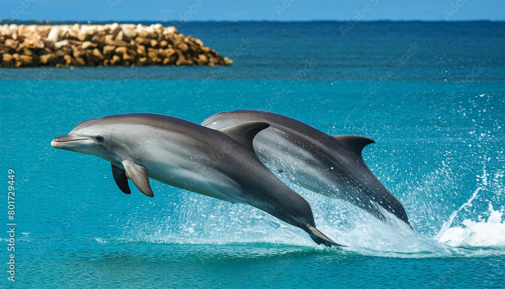 Naklejka premium Dolphins jumping from ocean water, on a sunny day.