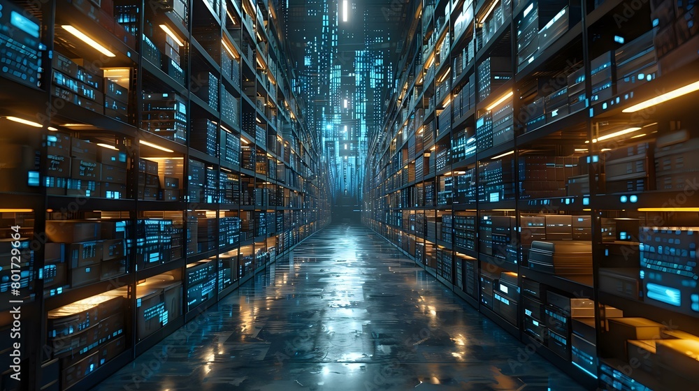 Futuristic Warehouse Atmosphere with Advanced Data Analytics and Digital Overlay Futuristic Warehouse Atmosphere with Advanced Data Analytics and Digital Overlay
