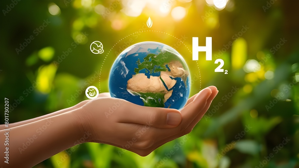 Hand of human holding green earth with the icon of H2 for Clean hydrogen energy concept.Environment, eco friendly industry. Hand of human holding green earth with the icon of H2 for Clean hydrogen energy concept.Environment, eco friendly industry.
