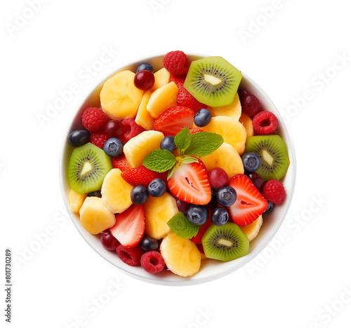Assorted fresh fruit salad with kiwi  strawberries  oranges  blueberries and red currants in a white bowl  top view. Generative AI