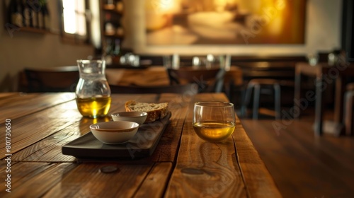 A tasting room filled with dark wooden tables each with a small dish of olive oil and a piece of crusty bread for dipping.