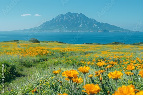 섬과 함께 바다와 해안이 보이는 노랑 꽃이 피어있는 들판