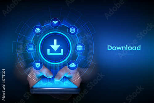 Download Data Storage. Cloud download icon. Install symbol. Business technology network internet concept on virtual screen. Smartphone in hands. Using smartphone. Vector illustration.