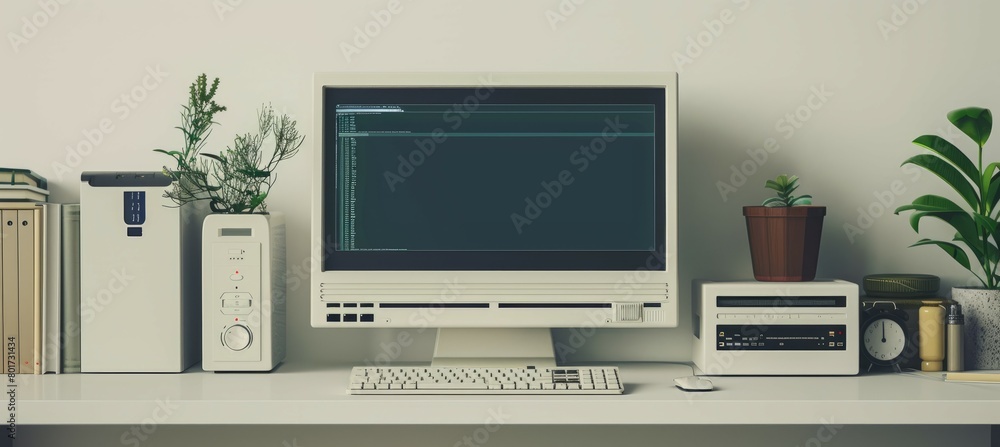 Retro computer set on table. Vintage technology. Generative AI ...