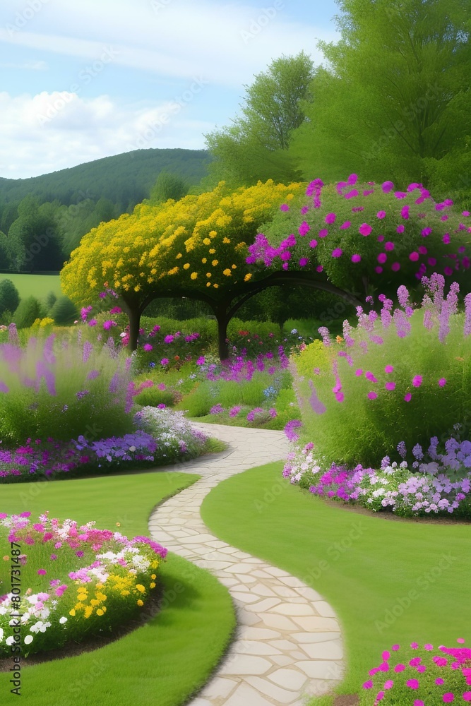 Obraz premium garden with flowers and trees