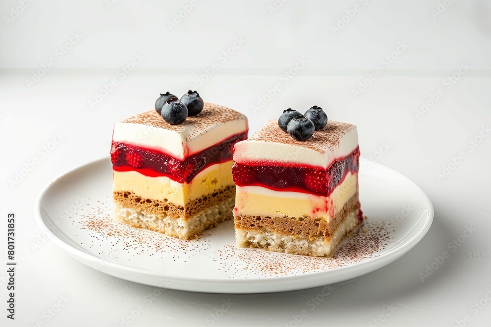 Elegant duo of cakes with blueberry topping - A pair of beautifully arranged layered desserts topped with blueberries on a clean white plate Elegant duo of cakes with blueberry topping - A pair of beautifully arranged layered desserts topped with blueberries on a clean white plate