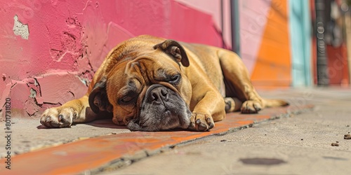 Sleepy bulldog dozing on a sunny street - A lovable bulldog caught falling asleep on an urban sidewalk under the warm embrace of the sun's rays photo