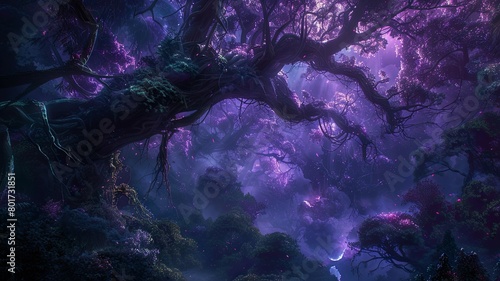 Enchanted forest with magical purple hues - A mystical scene depicting a fantasy forest bathed in purple and pink hues, illuminating the dense trees and mysterious fog