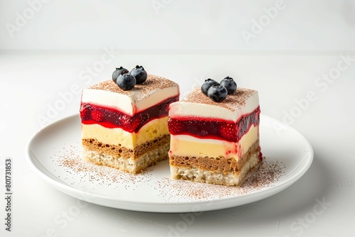 Elegant duo of cakes with blueberry topping - A pair of beautifully arranged layered desserts topped with blueberries on a clean white plate