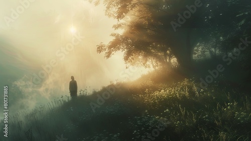 Man in misty forest with sunrays piercing through - A serene image capturing a single man amidst a tranquil forest, with sun rays breaking through the mist