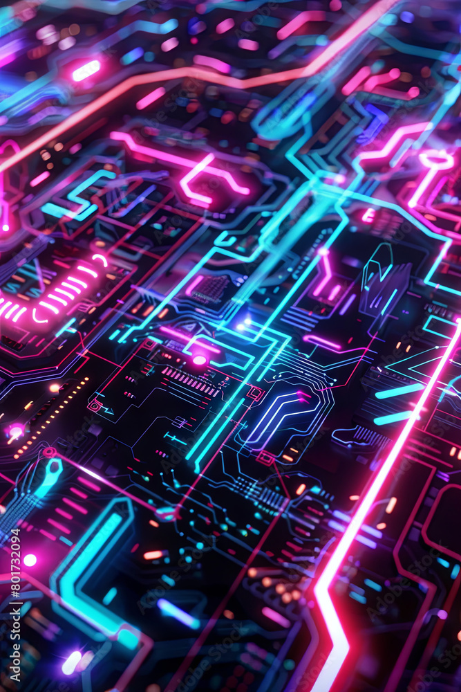Futuristic circuit board with neon lights - An intricate image of a digital circuit board with neon blue and pink lights illustrating modern technology