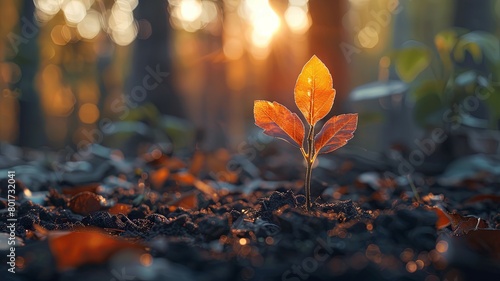 Autumn leaf sprouting from the ground with sunlight - An autumn leaf sprouting symbolizes rebirth with a soft sunlight backdrop, incorporating the warmth of the fall season photo