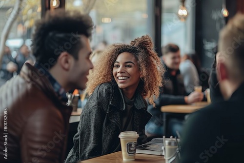 Portrait of a beautiful young african american woman smiling and looking at camera while sitting in a cafe