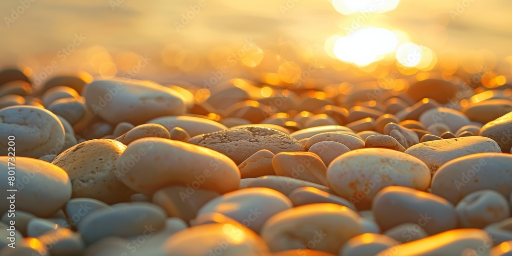 Fototapeta premium Close-up of smooth pebbles glistening in the warm sunlight on a serene beach during sunset.