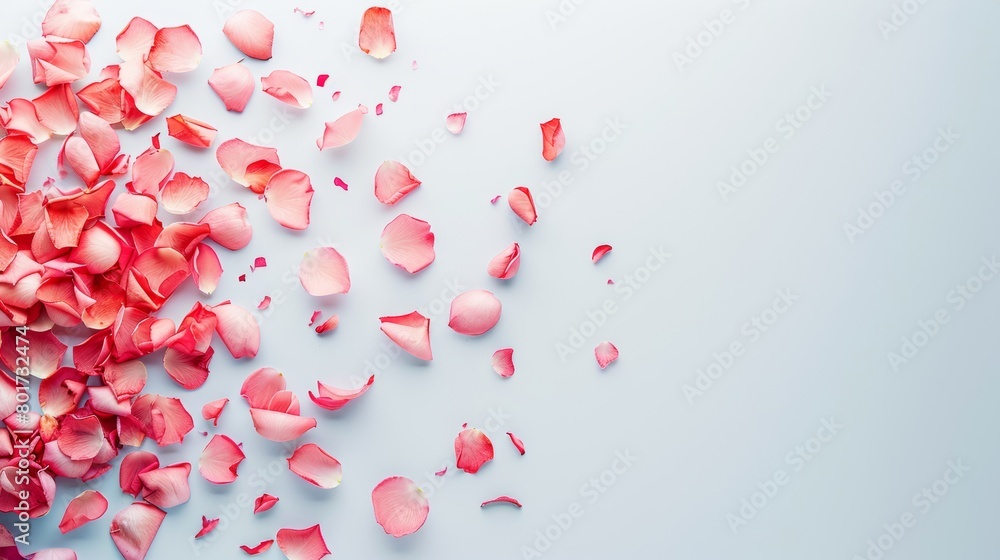 A collection of delicate pink rose petals spread out on a soft pastel blue background. A collection of delicate pink rose petals spread out on a soft pastel blue background.