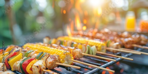 Juicy skewers with vegetables and meat grilling on a BBQ, with a fiery background.