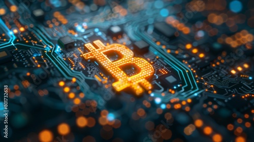 Vibrant Bitcoin symbol illuminated on electronic circuitry, representing blockchain technology's impact on financial systems – Concept of digital assets, investment, and internet finance